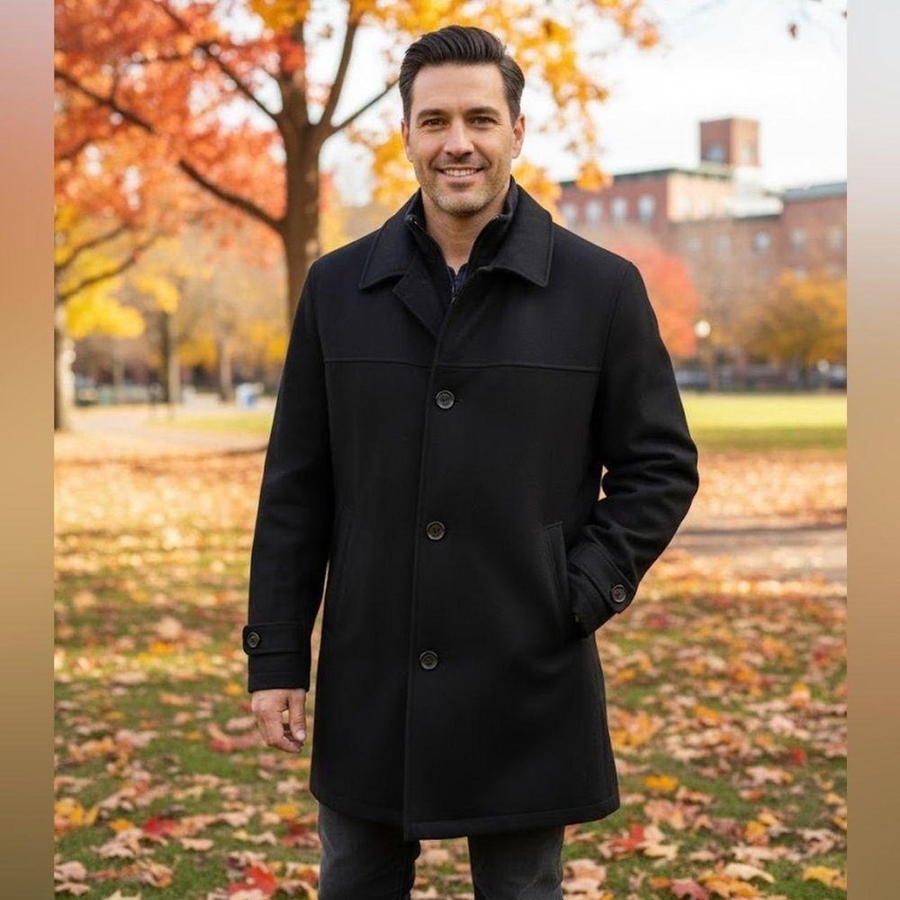 London Fog Mens Black Wool Blend Button Front Car Pea Coat Jacket Sz M